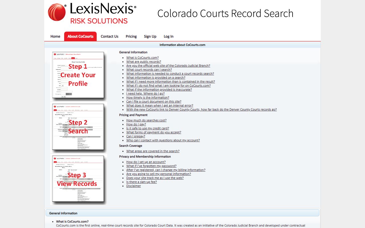 CoCourts.com about page with FAQs for Colorado court records